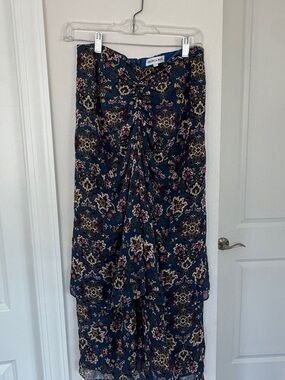 Veronica Beard Sira ruched silk chiffon midi skirt in a blue floral print.